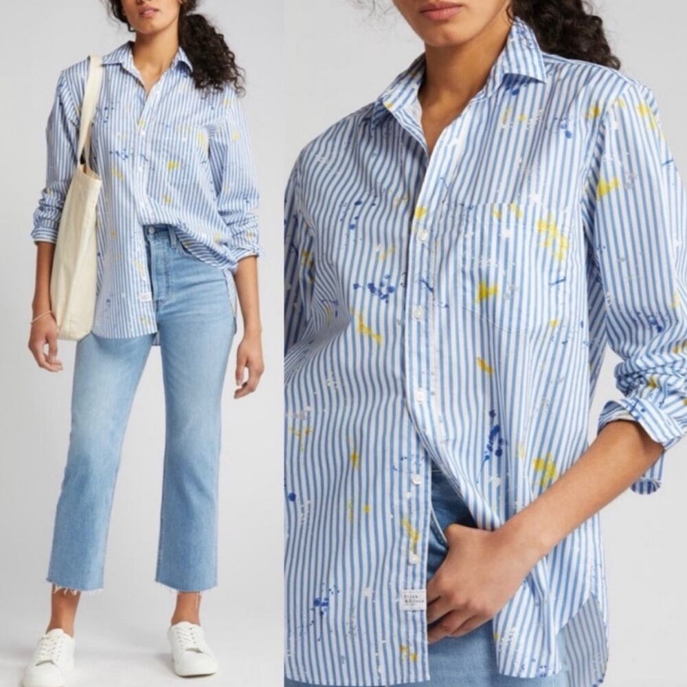 Frank & Eileen Joedy Paint Splatter Blue Stripe Relaxed Button-Up Shirt Small